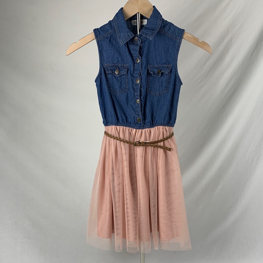 Beautees Denim Peach Belted Tulle Dress Kids 8 Feminine Casual